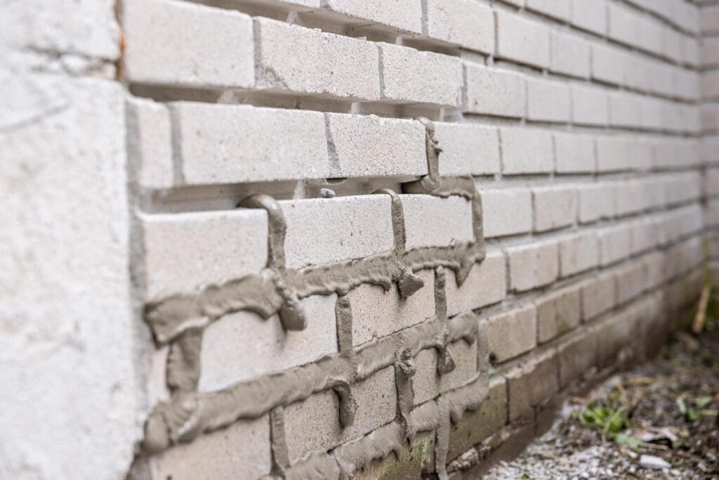 Reparation af murstensvæg med frisk mørtel