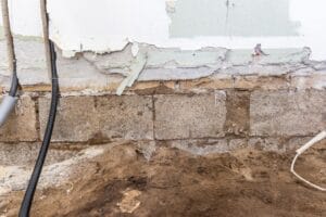 Fugtig kældervæg med skadet puds og rør