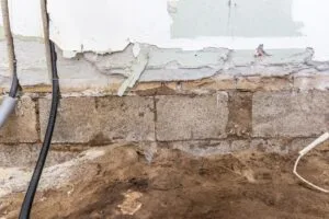 Fugtig kældervæg med skadet puds og rør